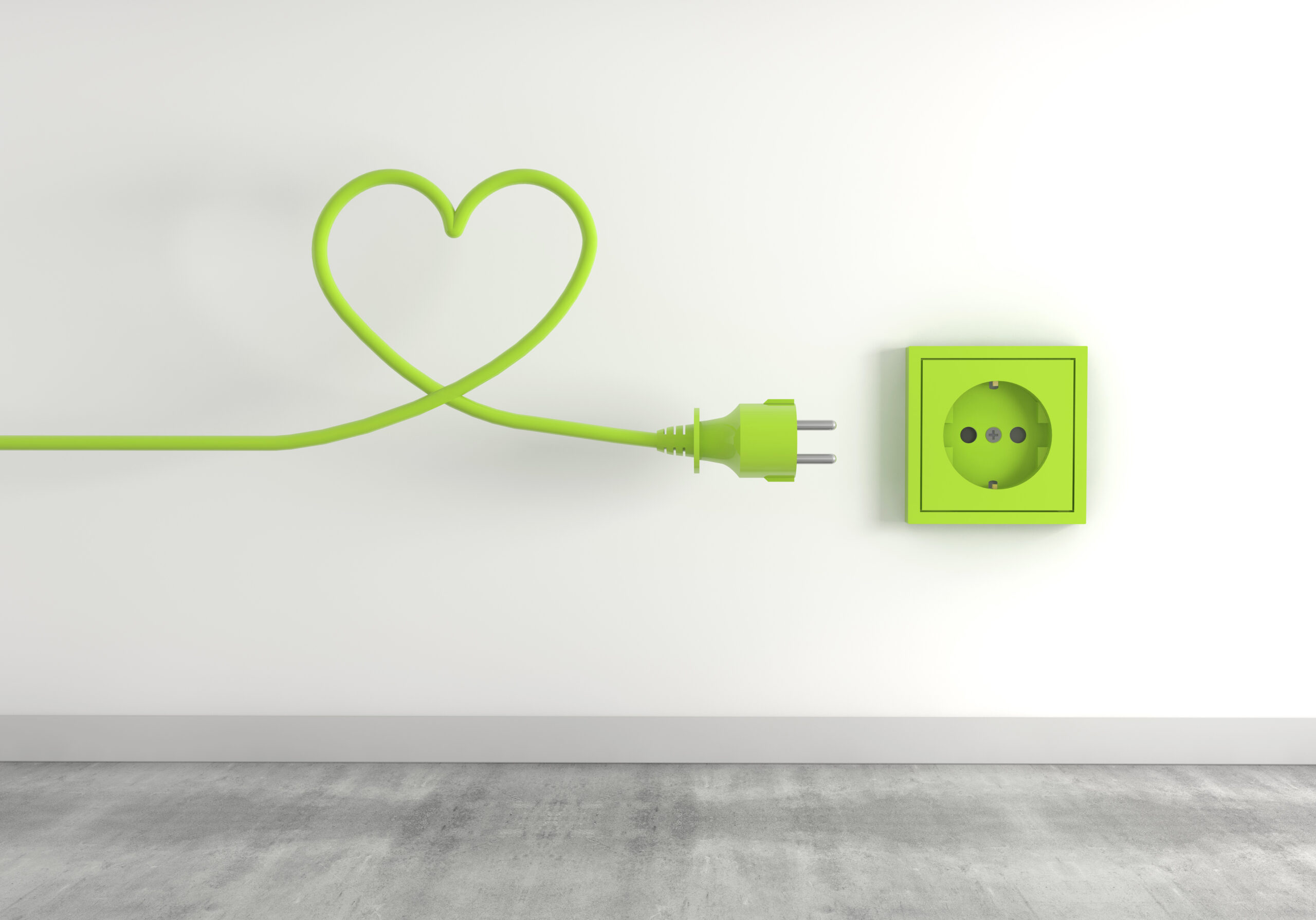 3d render of a green electrical plug isolated on a socket background eco energy concept